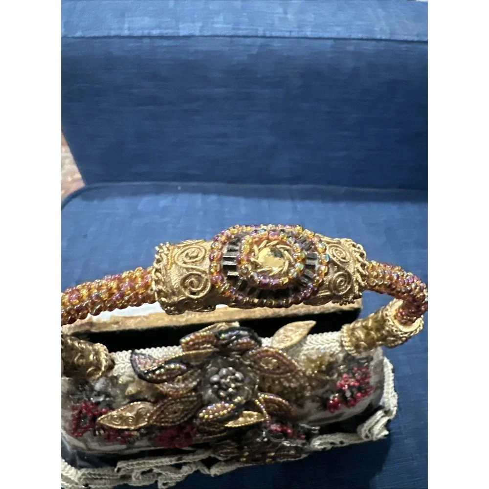 Mary Frances Beaded Handbag Purse, Jewels, Feathers, Floral Brown Hard Case